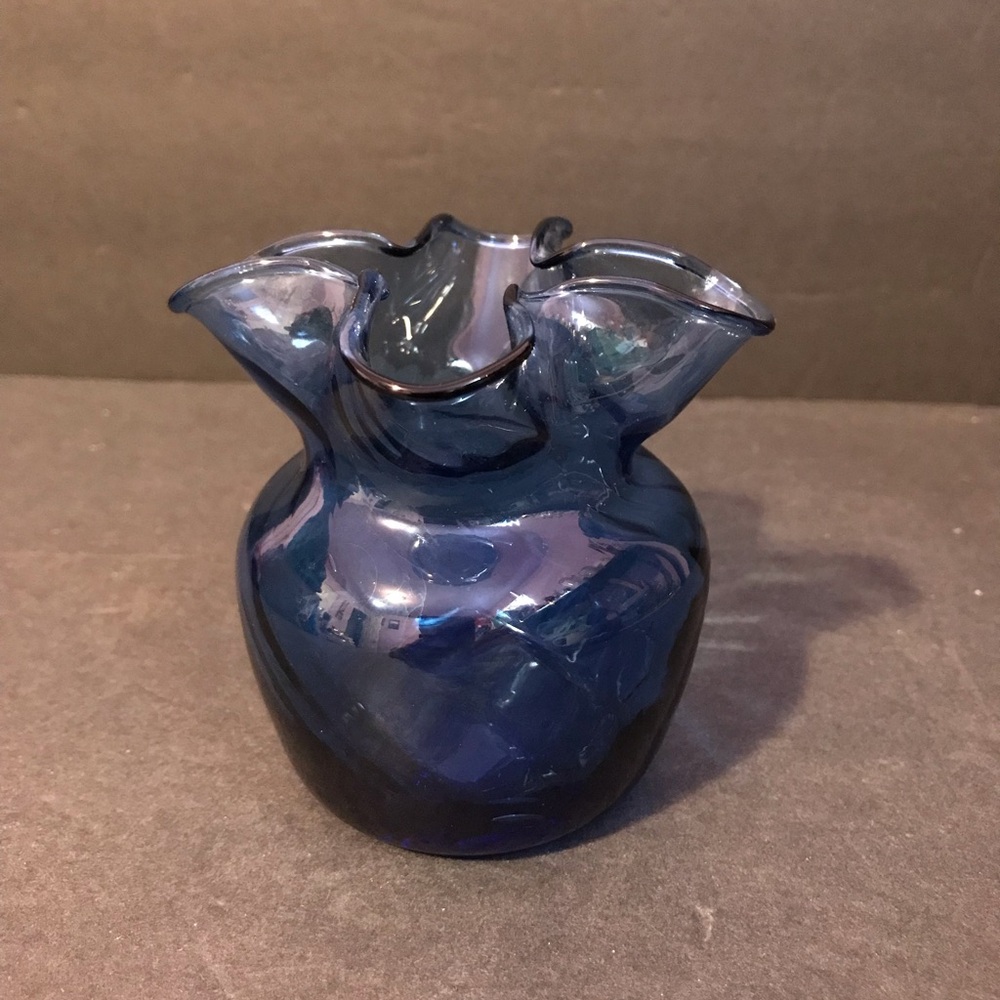 Cobalt Blue Art Glass Round Ruffled Handkerchief Style Small Bud Vase
